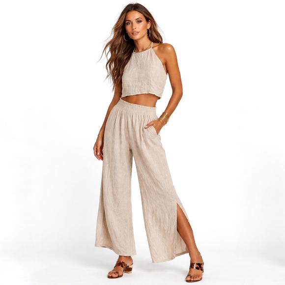 DREW Pants - Drew Linen Blend 2-Piece Set: Scoop Neck Crop Top & Wide-Leg Pants